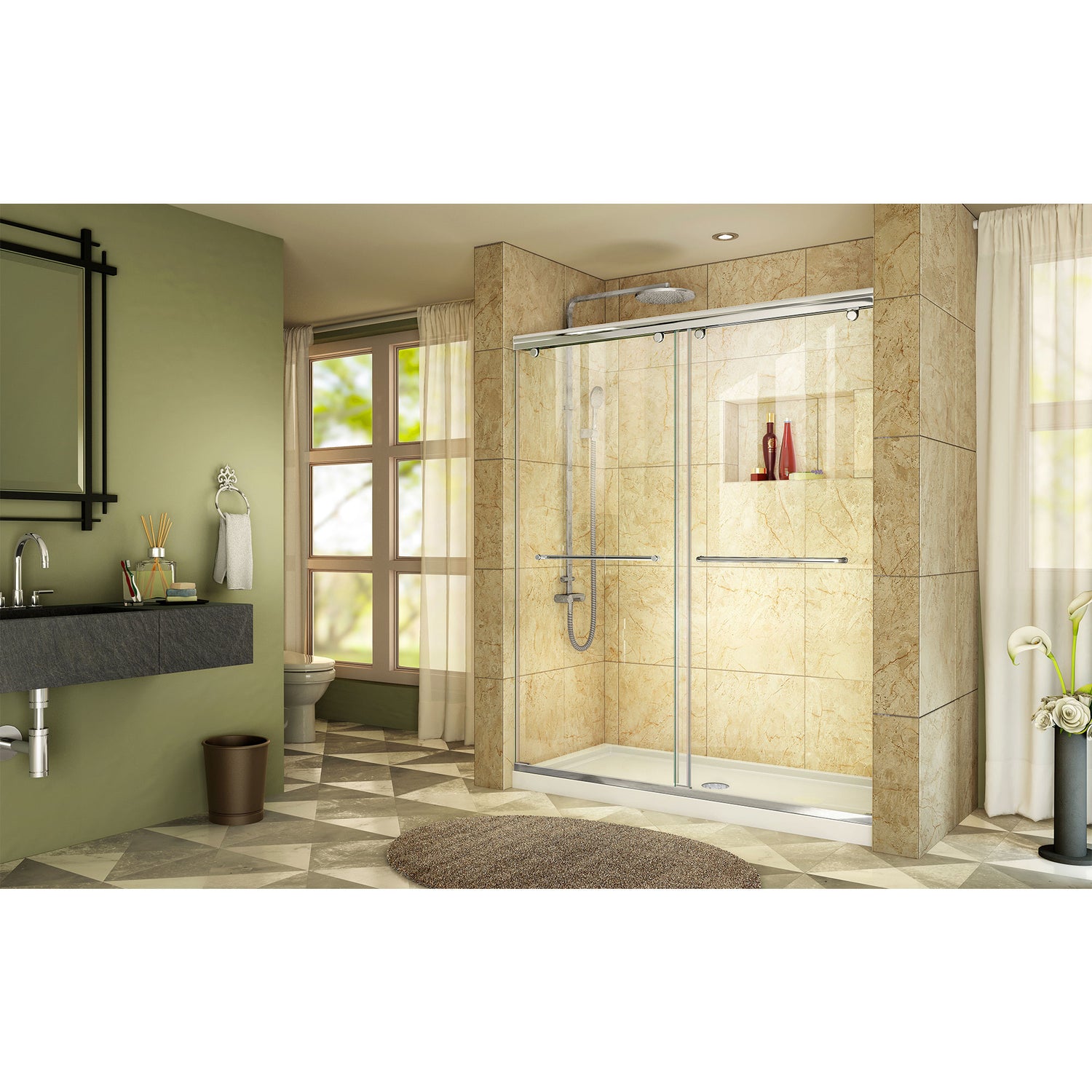 DreamLine Charisma 36 in. D x 60 in. W x 78 3/4 in. H Frameless Bypass Shower Door in Chrome with Center Drain White Base