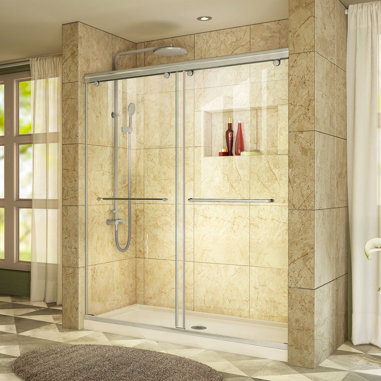 DreamLine Charisma 30 in. D x 60 in. W x 78 3/4 in. H Frameless Bypass Shower Door in Brushed Nickel and Center Drain Biscuit Base