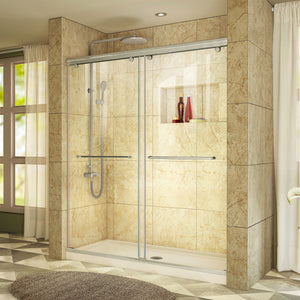 DreamLine Charisma 34 in. D x 60 in. W x 78 3/4 in. H Frameless Bypass Shower Door in Brushed Nickel and Center Drain Biscuit Base
