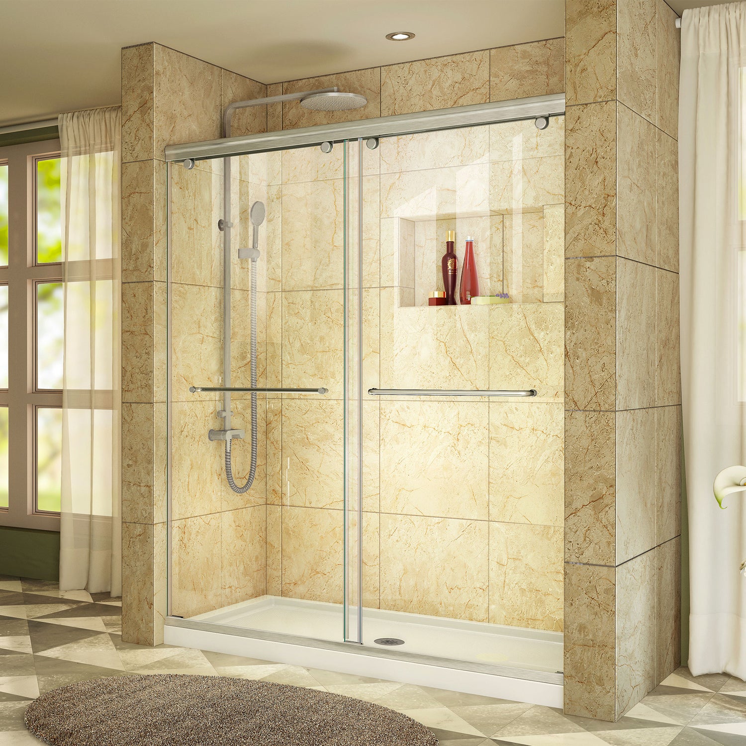 DreamLine Charisma 32 in. D x 60 in. W x 78 3/4 in. H Frameless Bypass Shower Door in Brushed Nickel with Center Drain White Base