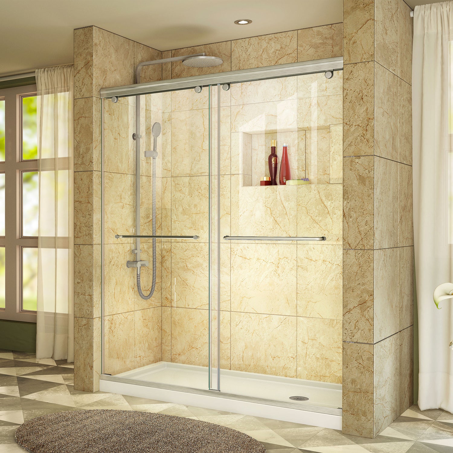 DreamLine Charisma 34 in. D x 60 in. W x 78 3/4 in. H Frameless Bypass Shower Door in Brushed Nickel with Right Drain White Base
