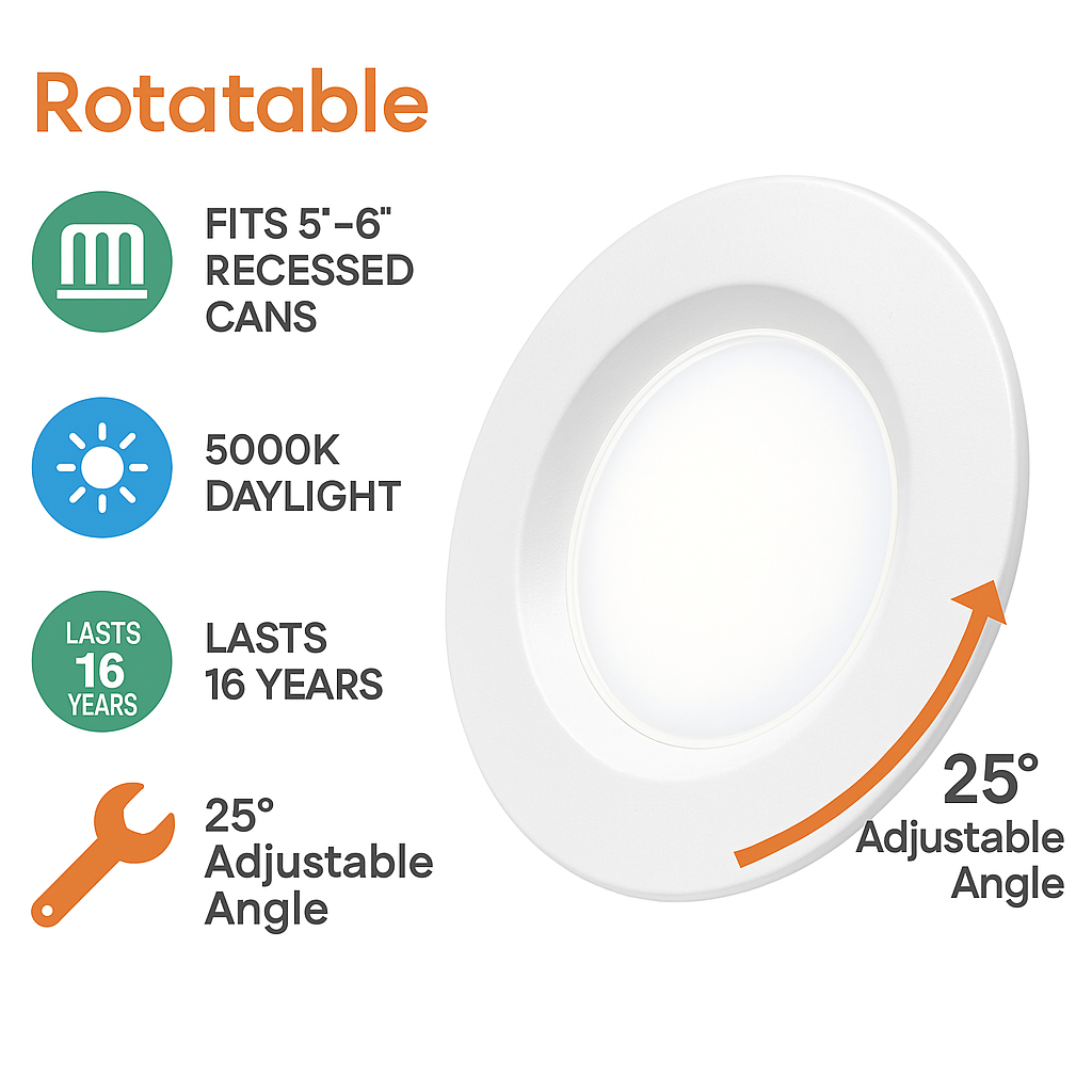 5"-6" Rotatable LED Downlight Trim – 5000K Cool White, 10W (75W Equivalent)