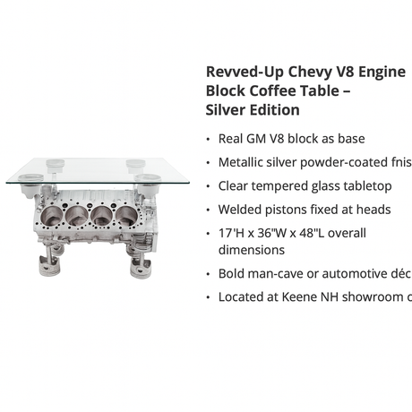 Revved‑Up Chevy V8 Engine Block Coffee Table – Silver Edition - Consignment