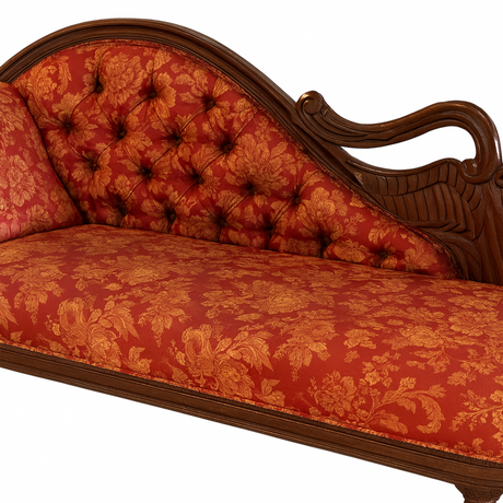 Decorative sofa with floral pattern and wooden frame on a white background