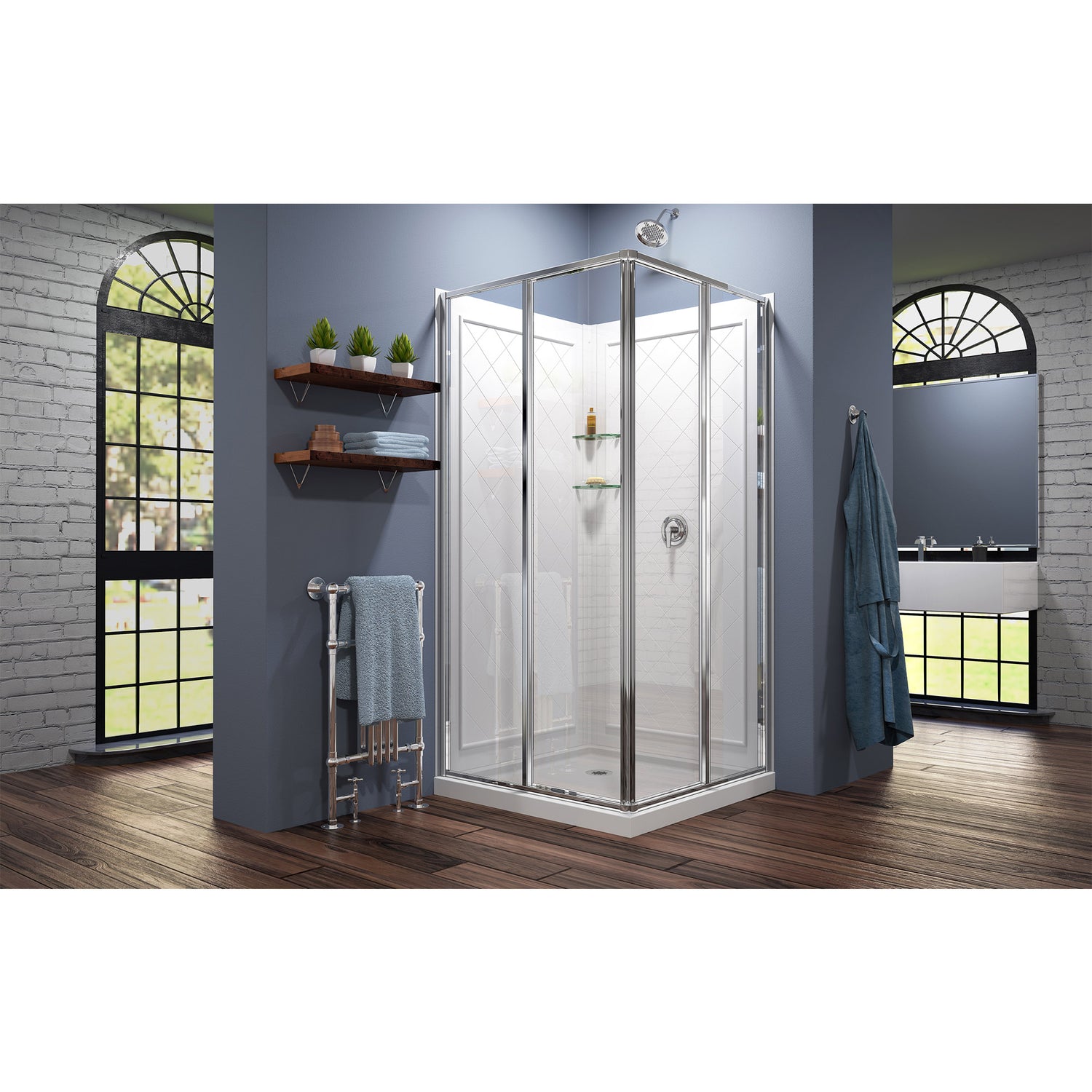 DreamLine Cornerview 36 in. D x 36 in. W x 76 3/4 in. H Framed Sliding Shower Enclosure in Chrome with White Base and Wall Kit
