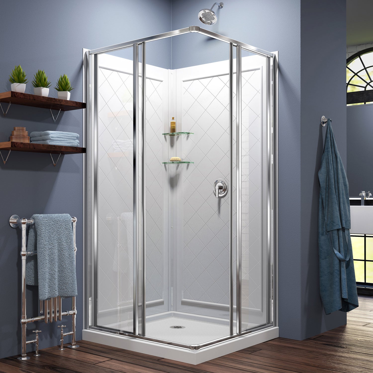 DreamLine Cornerview 36 in. D x 36 in. W x 76 3/4 in. H Framed Sliding Shower Enclosure in Chrome with White Base and Wall Kit