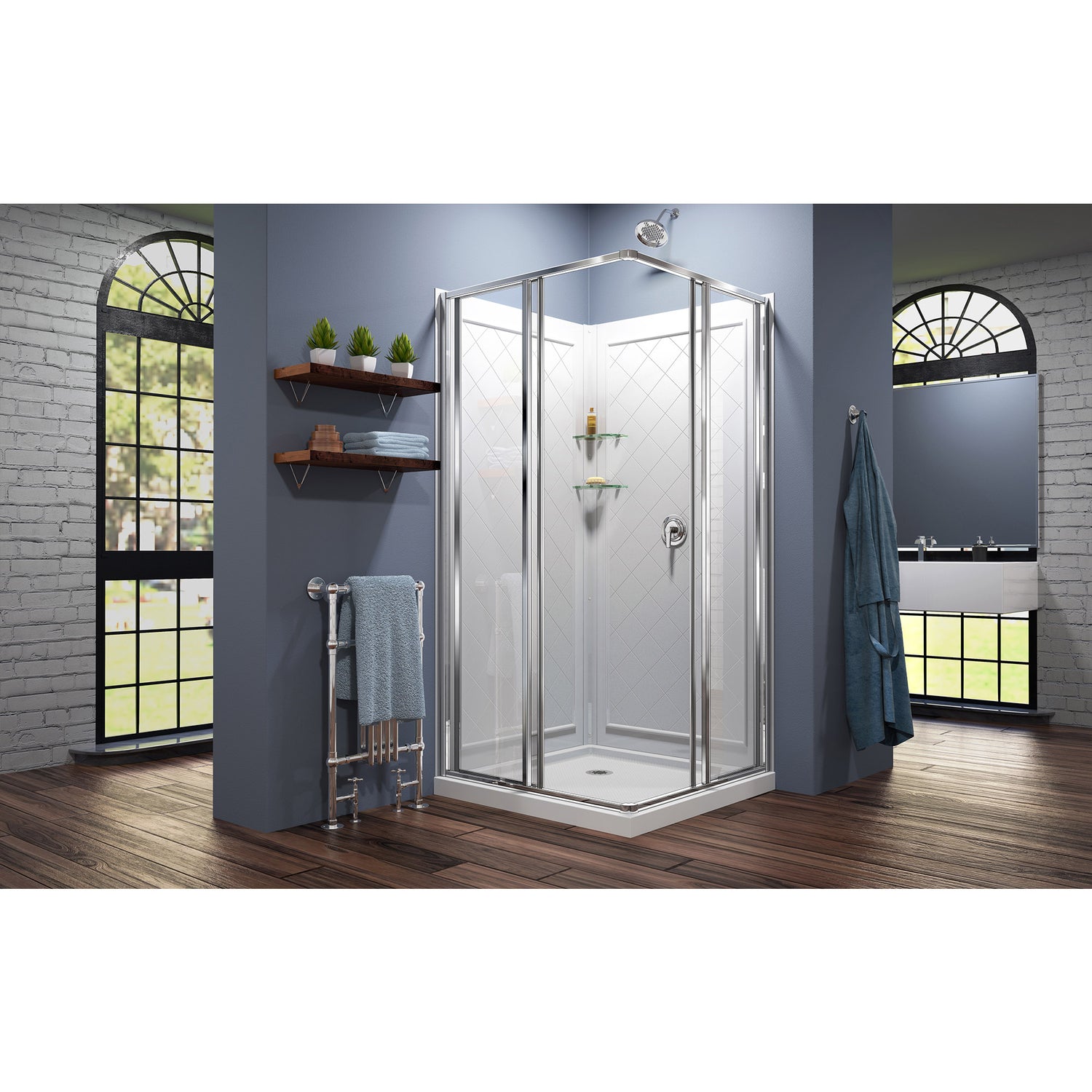 DreamLine Cornerview 36 in. D x 36 in. W x 76 3/4 in. H Framed Sliding Shower Enclosure in Chrome with White Base and Wall Kit