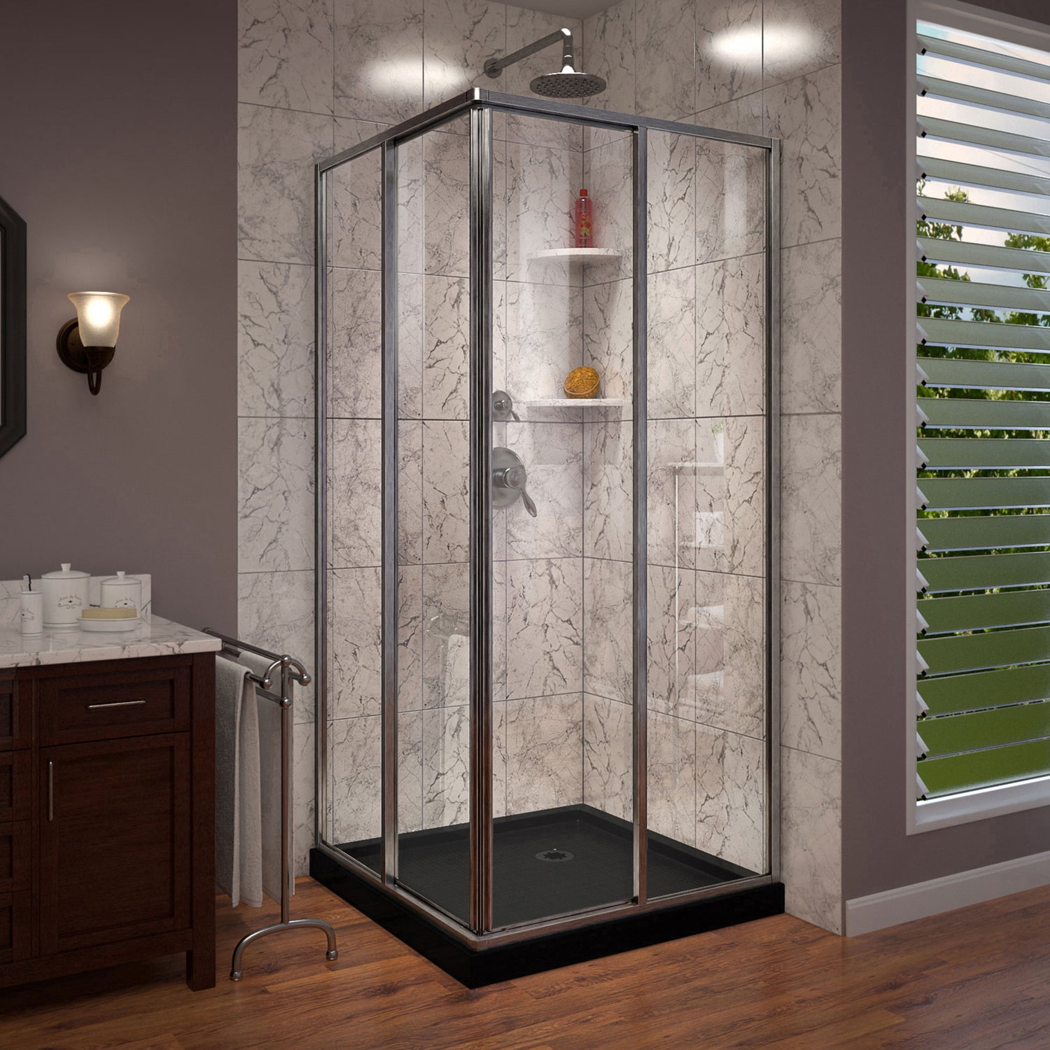 DreamLine Cornerview 42 in. D x 42 in. W x 74 3/4 in. H Framed Sliding Shower Enclosure in Brushed Nickel with Black Acrylic Base