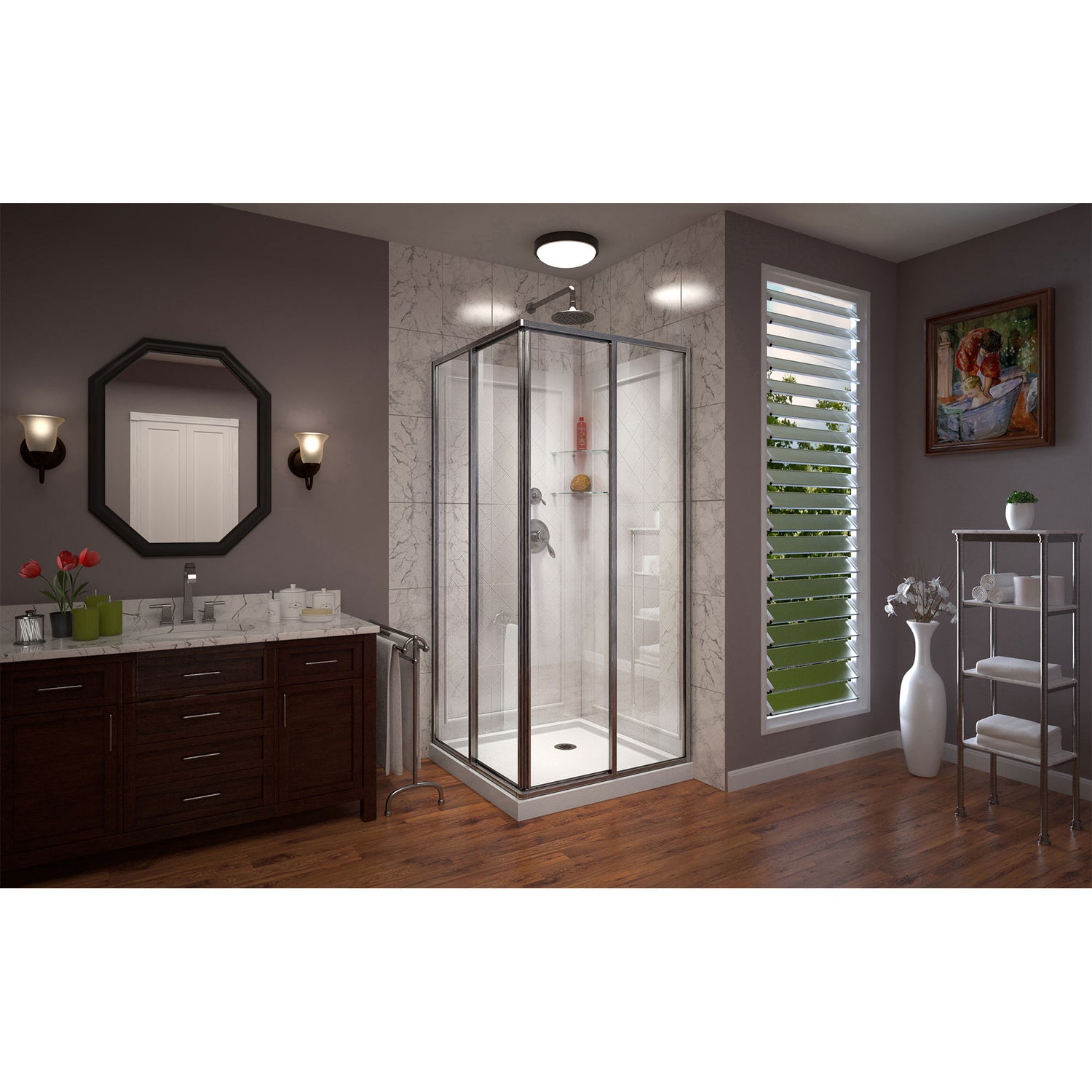 DreamLine Cornerview 36 in. D x 36 in. W x 76 3/4 in. H Framed Sliding Shower Enclosure in Brushed Nickel with White Acrylic Kit