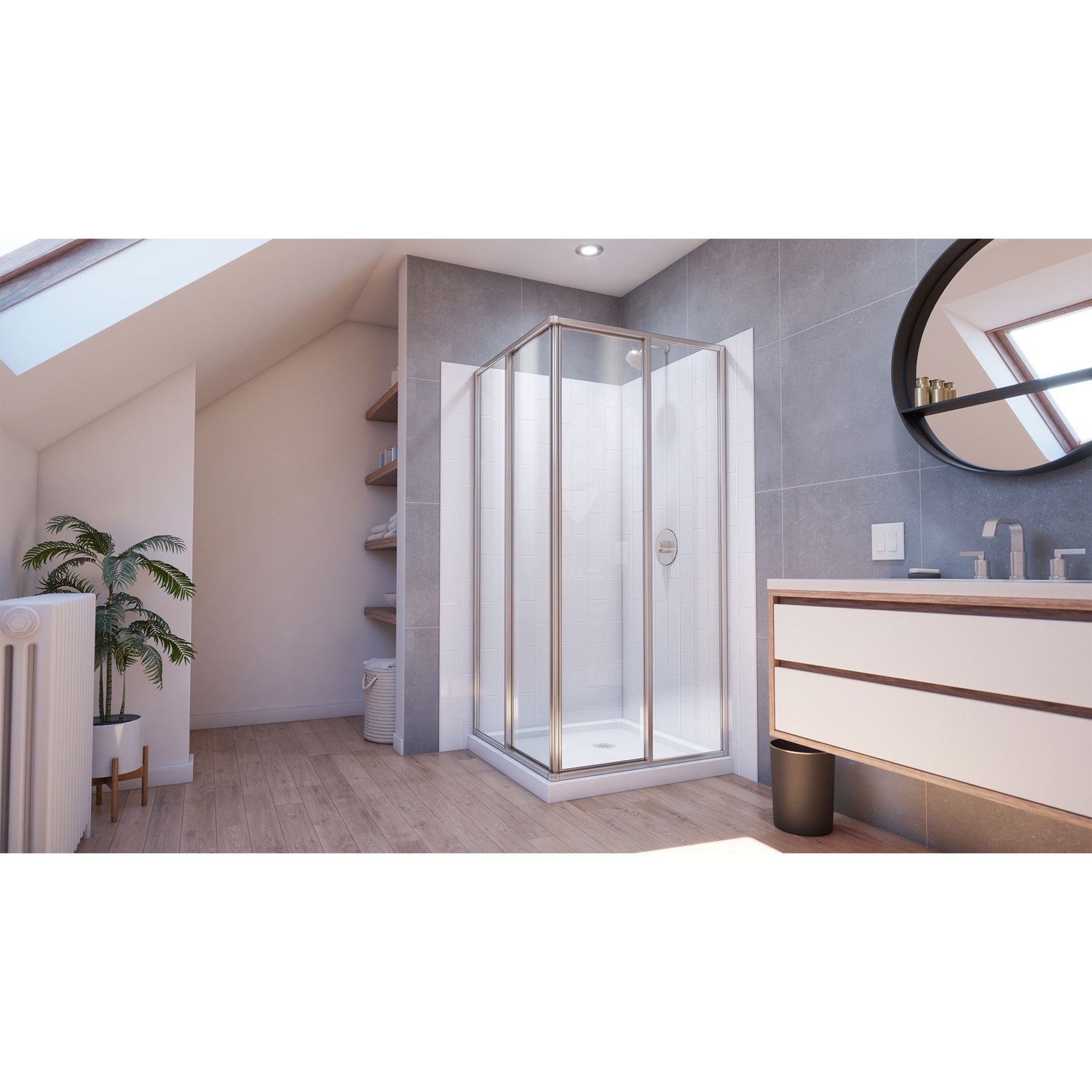 DreamLine Cornerview 36 in. D x 36 in. W x 78 3/4 in. H Sliding Shower Enclosure, Base, and White Wall Kit in Brushed Nickel