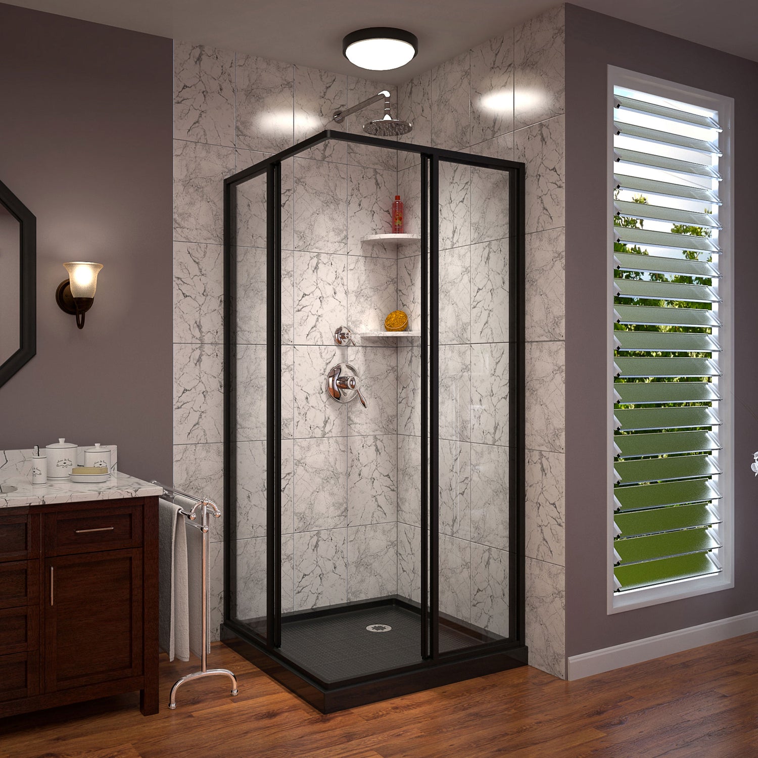 DreamLine Cornerview 36 in. D x 36 in. W x 74 3/4 in. H Framed Sliding Shower Enclosure and Shower Base Kit in Satin Black