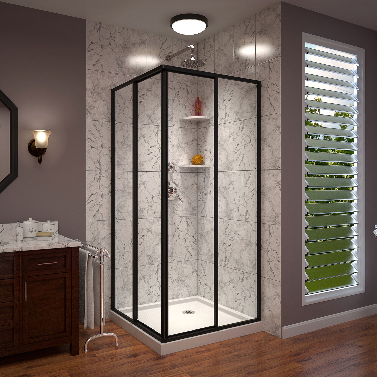 DreamLine Cornerview 36 in. D x 36 in. W x 74 3/4 in. H Framed Sliding Shower Enclosure and Shower Base Kit in Satin Black