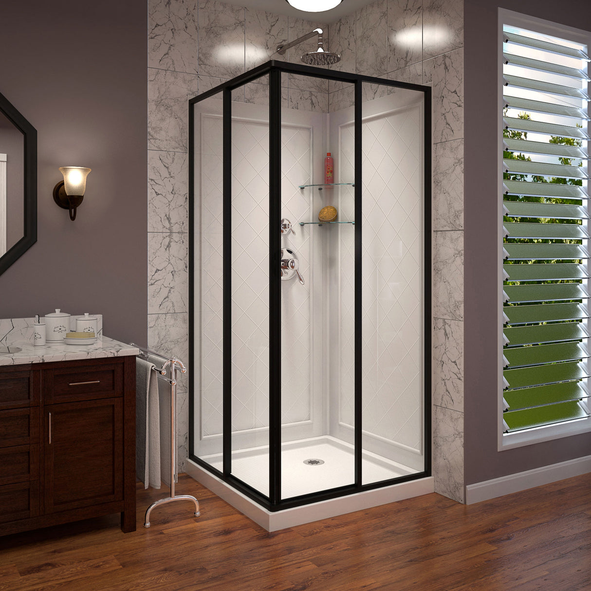 DreamLine Cornerview 36 in. D x 36 in. W Framed Sliding Shower Enclosure, Shower Base and Acrylic Wall Kit in Satin Black