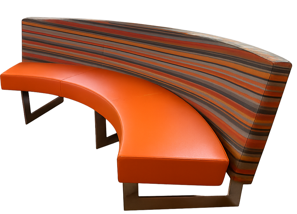 Curved bench with orange seat and striped backrest on a white background
