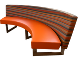 Curved bench with orange seat and striped backrest on a white background