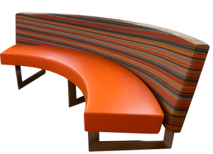 Curved bench with orange seat and striped backrest on a white background
