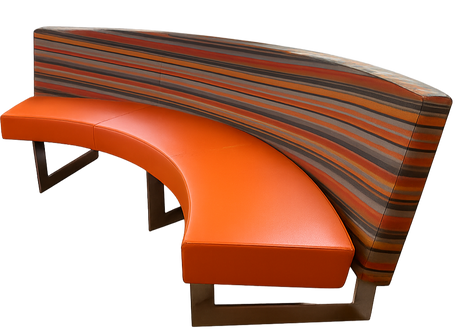 Curved bench with orange seat and striped backrest on a white background