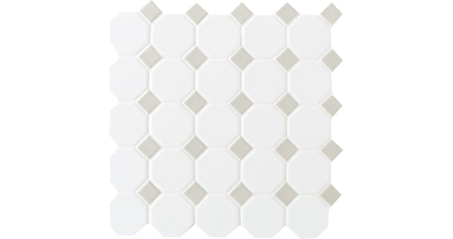 Daltile Octagon & Dot Matte White Octagon / Gray Dot 2 Matte Mosaic Tile