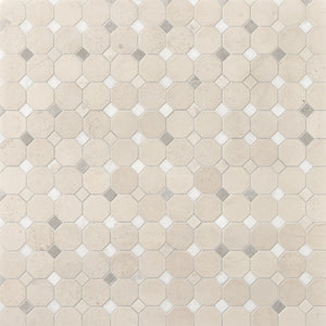 Daltile Renderra Lyon Daphne White Blend Courtyard Oct Dot Octagon and Dot Brushed Mosaic Natural Stone Tile