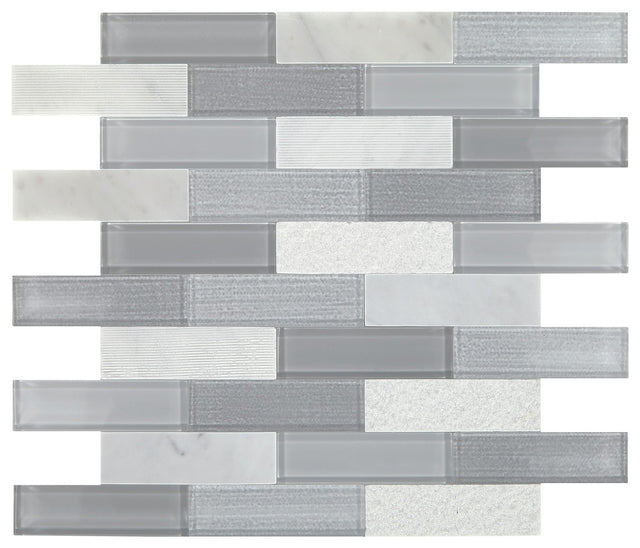 Daltile SimplyStick Mosaix Stormy Mist and glass Blend Brick Joint 1 1/4x4 Straight Edge Mix Mosaic Natural Stone Tile