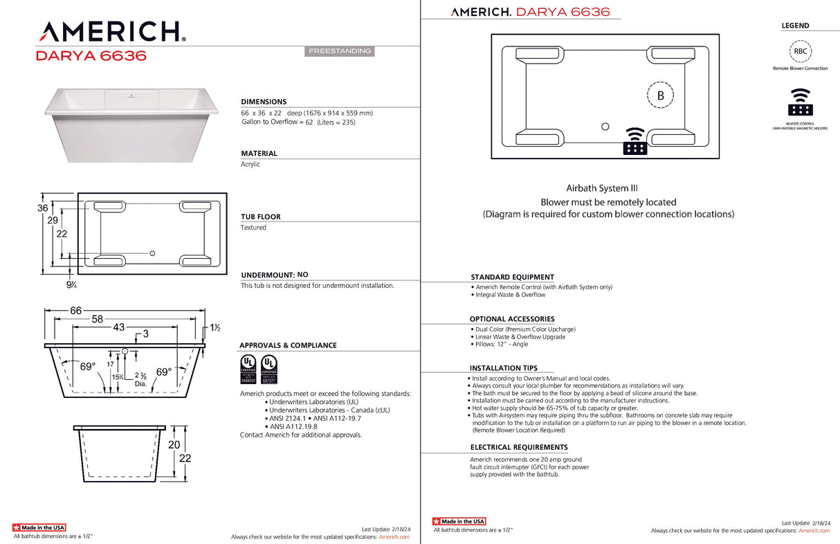 Americh DY6636T-WH Darya 6636 - Tub Only - White