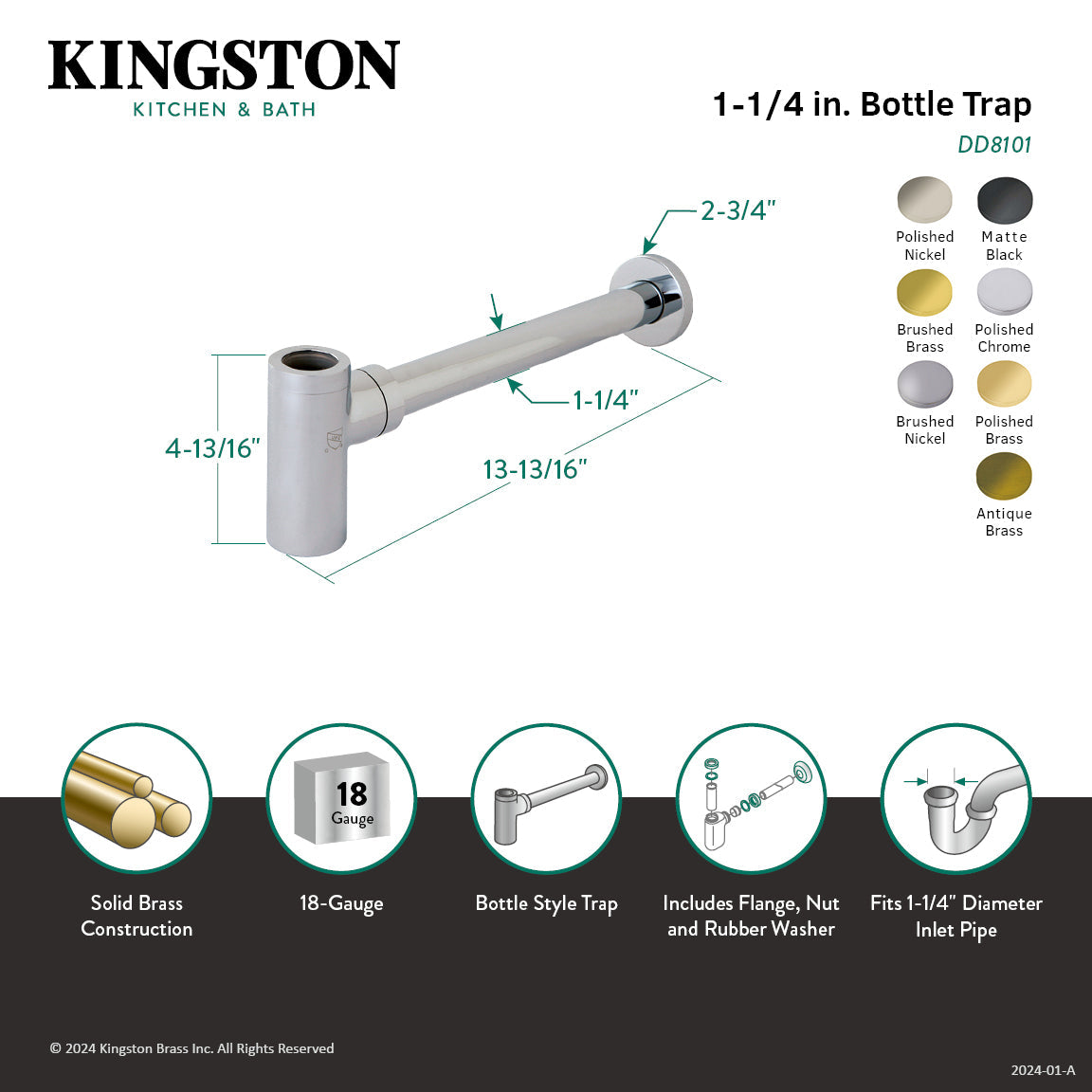 Trimscape DD8101 1-1/4 Inch O.D. Brass Round Bottle Trap, Polished Chrome