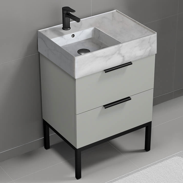 24" Bathroom Vanity With Marble Design Sink, Modern, Floor Standing, Grey Mist