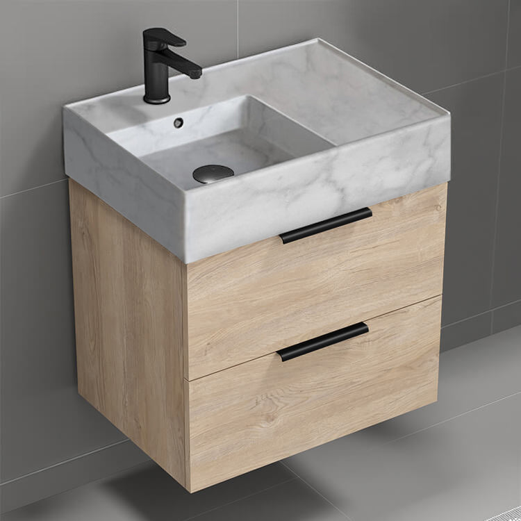 Modern Bathroom Vanity With Marble Design Sink, Small, Floating, 24", Brown Oak