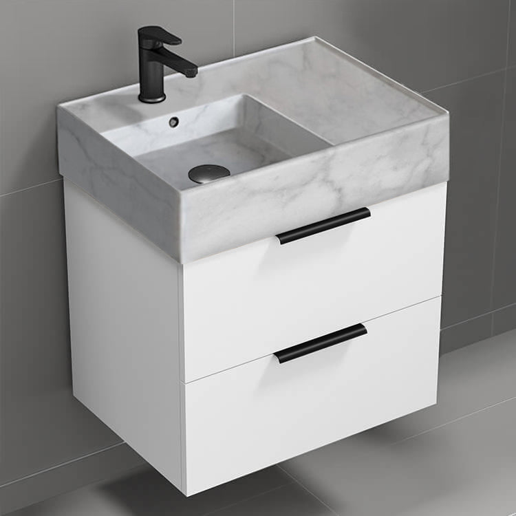 Modern Bathroom Vanity With Marble Design Sink, Wall Mount, 24", Glossy White