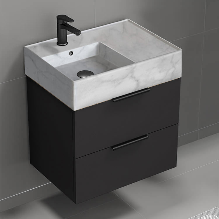 Black Bathroom Vanity With Marble Design Sink, Modern, Wall Mounted, 24"