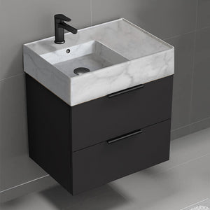 Black Bathroom Vanity With Marble Design Sink, Modern, Wall Mounted, 24"