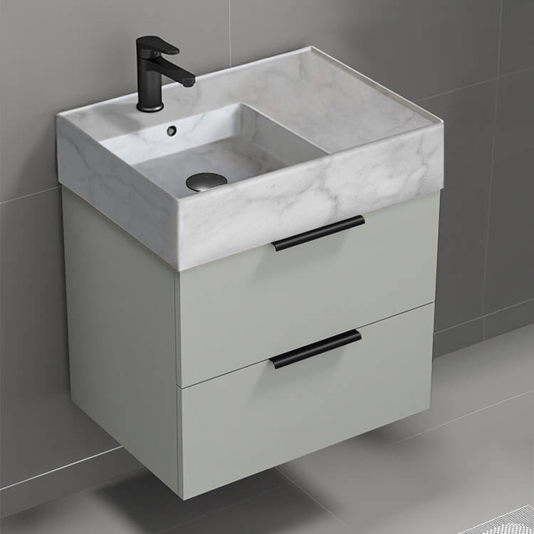 24" Bathroom Vanity With Marble Design Sink, Modern, Wall Mount, Grey Mist