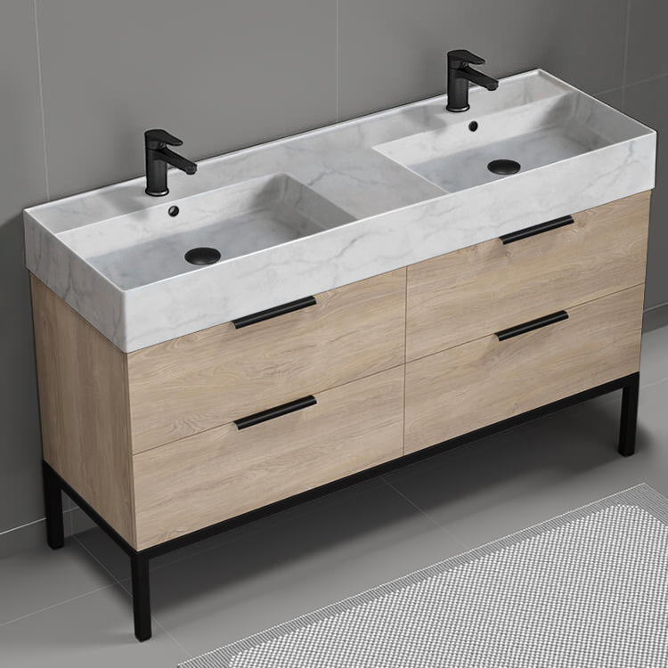 Double Bathroom Vanity With Marble Design Sink, Floor Standing, 56", Brown Oak