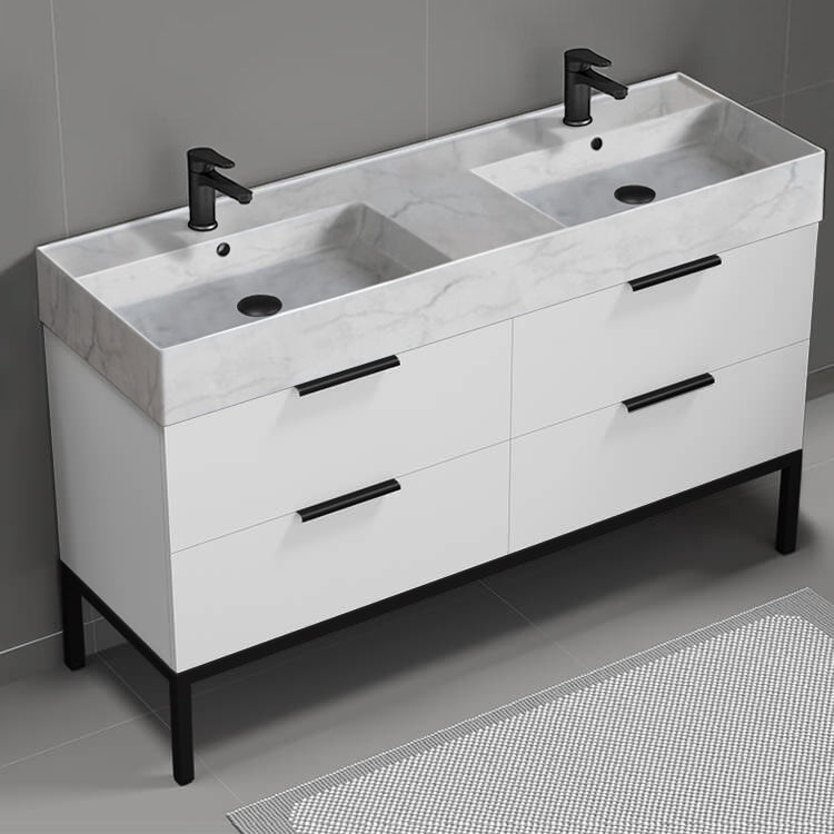 56" Bathroom Vanity With Marble Design Sink, Double Sink, Free Standing, Modern, Glossy White