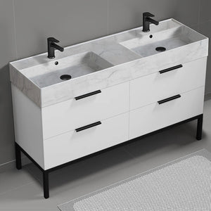 56" Bathroom Vanity With Marble Design Sink, Double Sink, Free Standing, Modern, Glossy White
