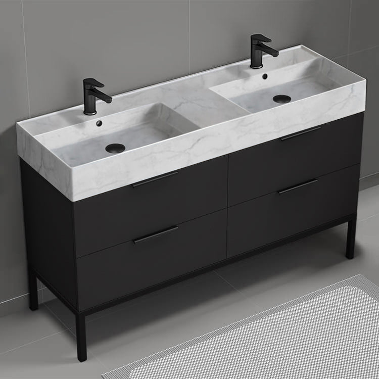 Double Bathroom Vanity With Marble Design Sink, Floor Standing, 56", Matte Black