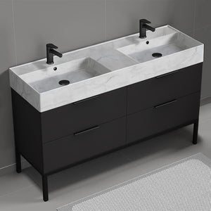Double Bathroom Vanity With Marble Design Sink, Floor Standing, 56", Matte Black