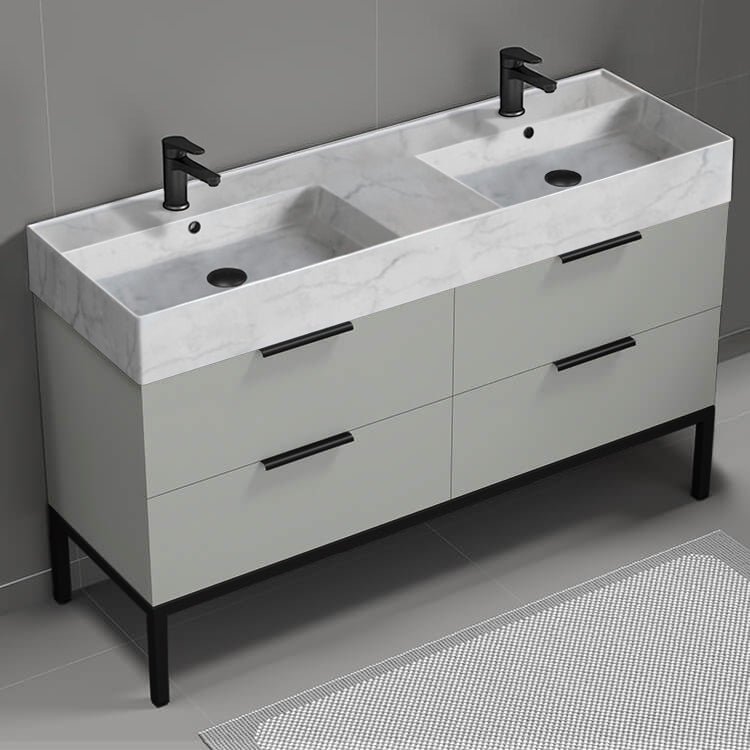 56" Bathroom Vanity With Marble Design Sink, Double Sink, Free Standing, Modern, Grey Mist