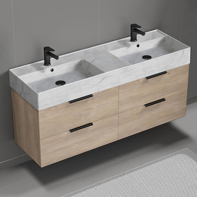 Double Bathroom Vanity With Marble Design Sink, Wall Mounted, 56", Brown Oak