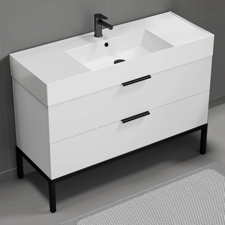 Modern Bathroom Vanity, Floor Standing, 48", Glossy White