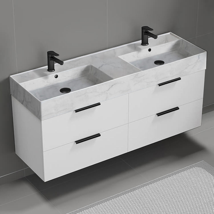 56" Bathroom Vanity With Marble Design Sink, Double Sink, Wall Mount, Modern, Glossy White