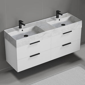 56" Bathroom Vanity With Marble Design Sink, Double Sink, Wall Mount, Modern, Glossy White