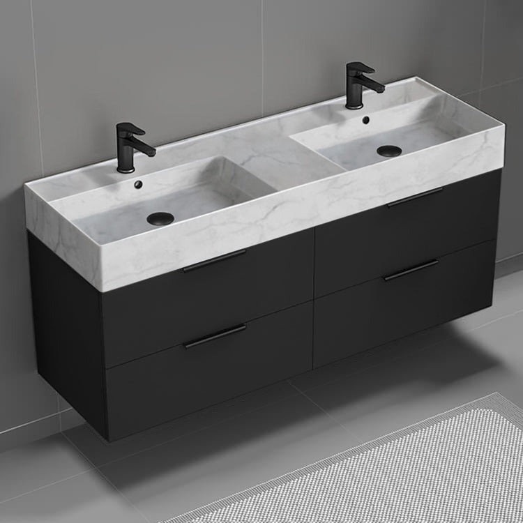 56" Bathroom Vanity With Marble Design Sink, Double Sink, Wall Mounted, Modern, Matte Black