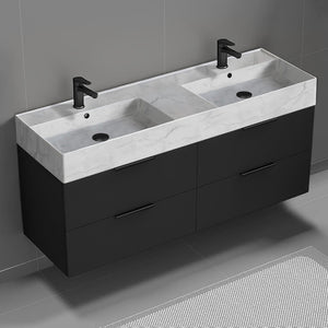 56" Bathroom Vanity With Marble Design Sink, Double Sink, Wall Mounted, Modern, Matte Black