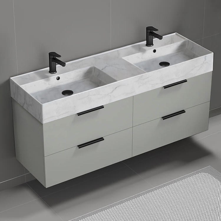 Double Bathroom Vanity With Marble Design Sink, Floating, 56", Grey Mist