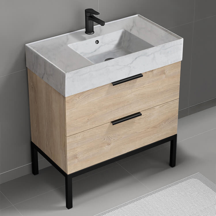 Modern Bathroom Vanity With Marble Design Sink, Free Standing, 32", Brown Oak