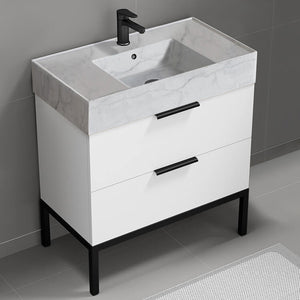 Modern Bathroom Vanity With Marble Design Sink, Floor Standing, 32", Glossy White