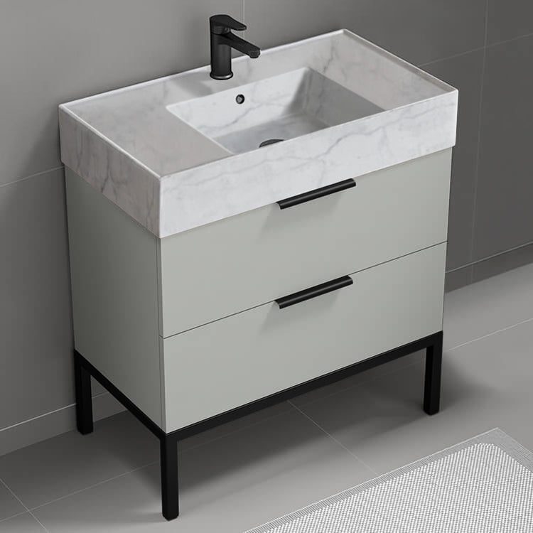 Modern Bathroom Vanity With Marble Design Sink, Floor Standing, 32", Grey Mist