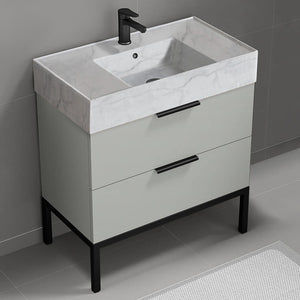 Modern Bathroom Vanity With Marble Design Sink, Floor Standing, 32", Grey Mist