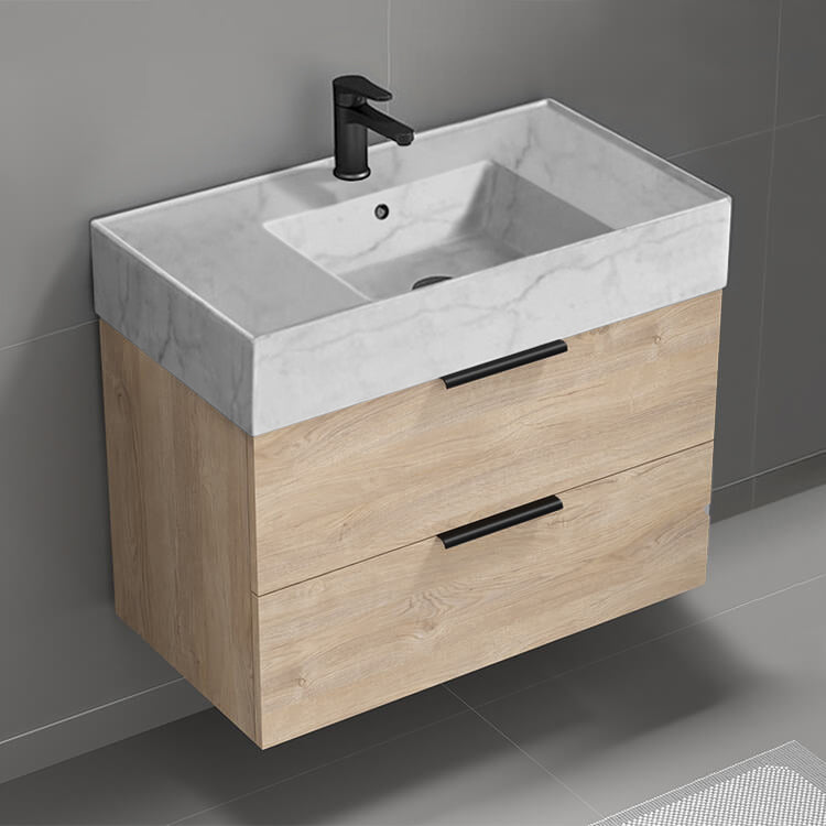 Modern Bathroom Vanity With Marble Design Sink, Wall Mounted, Single, 32", Brown Oak